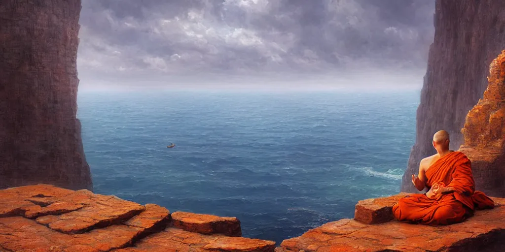 Prompt: A cliff with a narrow ledge looks out onto a vast ocean a monk sits on the ledge in the lotus position, Marc Simonetti, cinematic lighting, detailed oil painting, hyperrealistic, 8k