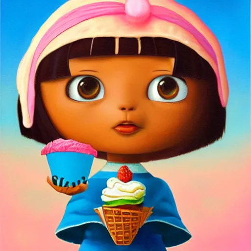 Prompt: dora the explorer as real girl holding ice cream, in lowbrow style, Pop Surrealism oil painting by Mark Ryden