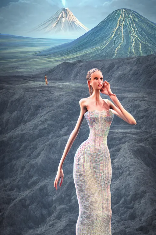 Image similar to a beautiful hyperrealistic ultradetailed 3D, one girl in a magnificent dress stands near a volcano, voge photo, fashion style, fullbody, in full growth, photorealistic, high resolution, trending on artstation, highly detailed, volumetric lighting,artstation, concept art, master illustration, elegant, details, good clear quality, volumetric lighting,