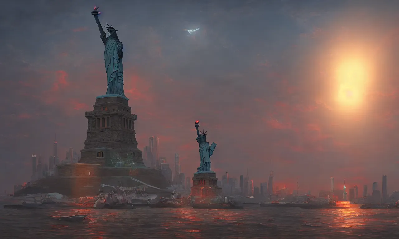 Image similar to statue of liberty with a robot head looking over the harbor, by asher brown durand, trending on artstation, 8 k resolution, red lights, cyberpunk, demonic symbols