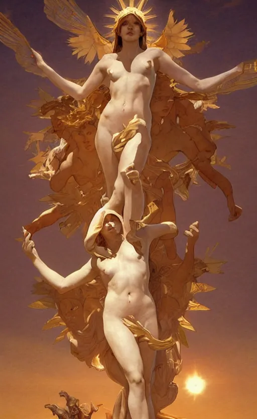 Prompt: illustration of the four armed statue of the goddess of the sun helios descending from olympus, artstation, concept art, smooth, sharp focus, illustration, art by artgerm and greg rutkowski and alphonse mucha and william adolphe bouguereau and john william waterhouse