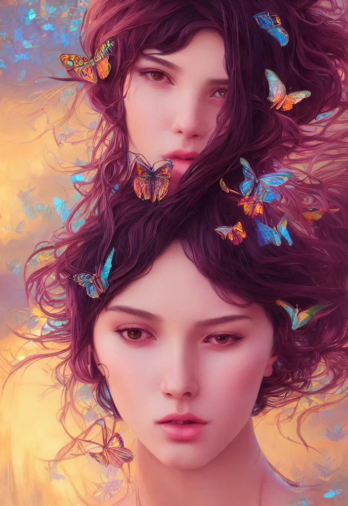 Prompt: beautiful, young woman, detailed gorgeous face, sad eyes, surreal, crying, vaporwave aesthetic, synthwave, colorful, psychedelic, digital art, butterflies, birds, digital painting, artstation, concept art, smooth, extremely sharp detail, uhd, ultra sharp focus, illustration, art by artgerm and greg rutkowski and alphonse mucha