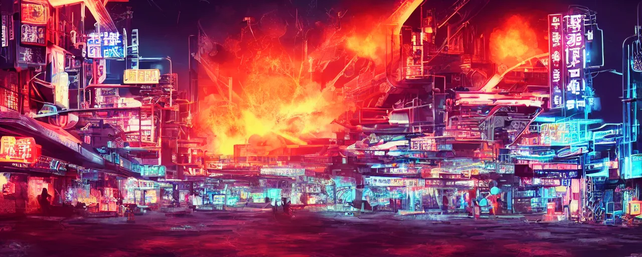 Prompt: factory exploding at night in the center of a futuristic sci-fi asian city, signboards, neon lights, by Yamato