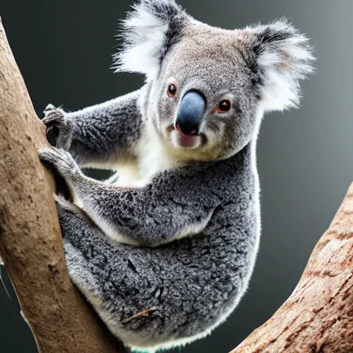 Prompt: award winning nature photograph of a koala. it has a friendly smile. it has whiskers and claws. extreme detail, beard hyperrealistic photo, smooth, trending on artstation