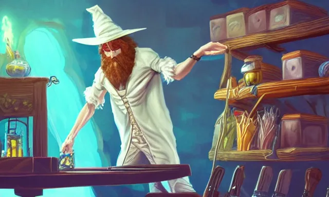 Image similar to 🧙‍♂️ Character art of a D&D wizard doing magic in his laboratory, with a blond beard and curly hair and a wide-brimmed straw hat, concept art, digital art