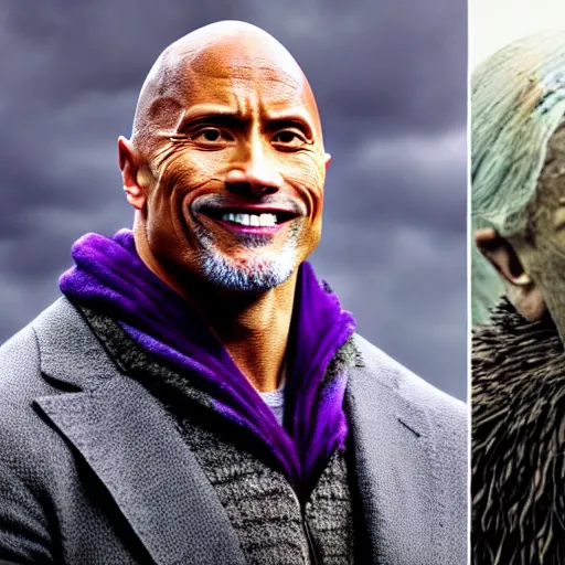 Prompt: dwayne johnson as an old druid wizard, bald, bushy grey eyebrows, long grey hair, disheveled, wise old man, wearing a grey wizard hat, wearing a purple detailed coat, a bushy grey beard, sorcerer, he is a mad old man, laughing and yelling