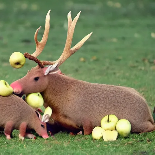 Prompt: Aardvarks with antlers eating apples