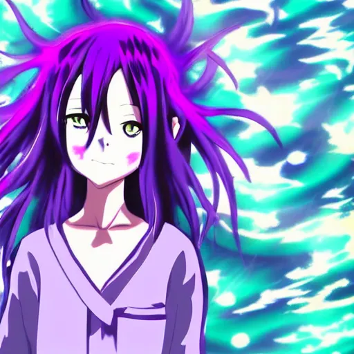 Image similar to ethereal AMV purple haired anime girl wearing a schoolgirl outfit floating in a psychedelic apocalypse in the style of Demon-Slayer