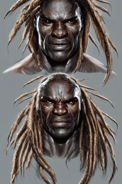 Image similar to predator 1 9 8 7 face redesign, portrait, highly detailed, dreadlocks, mandables, digital painting, trending on artstation, concept art, illustration