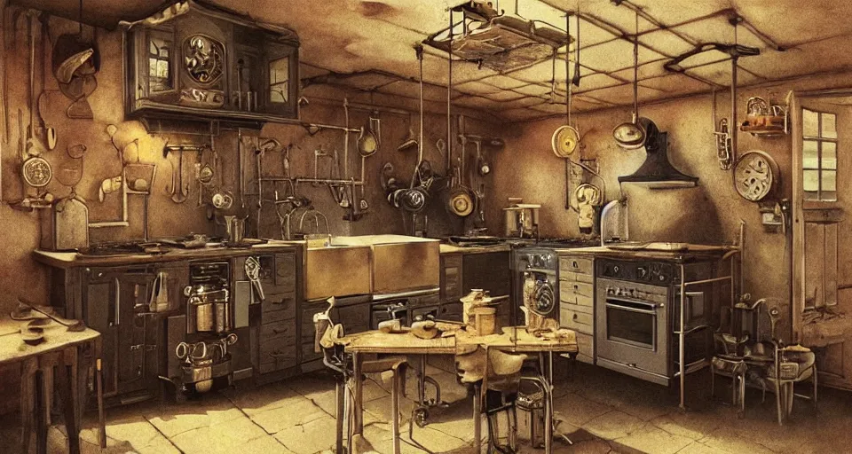 Image similar to IKEA catalogue photo of a steampunk farmhouse kitchen, by Beksinski