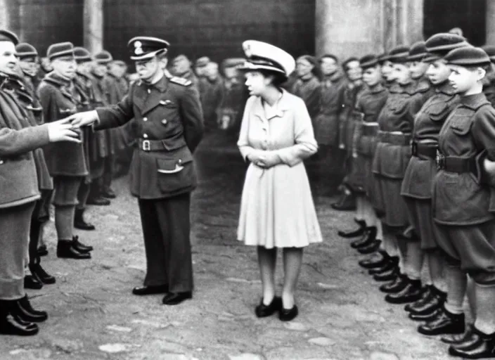 Prompt: ultra wide 1 9 4 6 historical far away photo a german general surrendering to young queen elizabeth, her corgis are nearby highly detailed