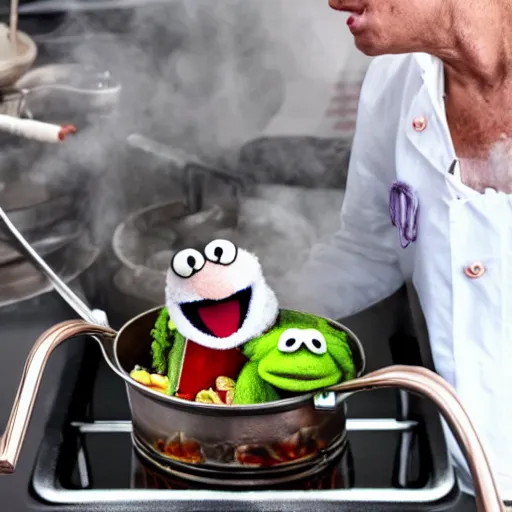 Image similar to a muppet inside a metal pot on a stove, next to an italian chef cooking