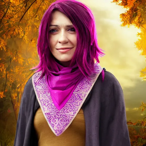Prompt: a female wizard with fuchsia hair wearing a brown cloak and a fuschia bandana scarf, photorealistic