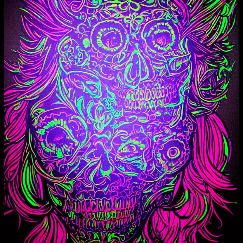 Image similar to Portrait of a beautiful sugarskull Dan Mumford and Josan Gonzalez and Laurie Greasley and Tim Doyle, blacklight, blacklight paint, ultraviolet