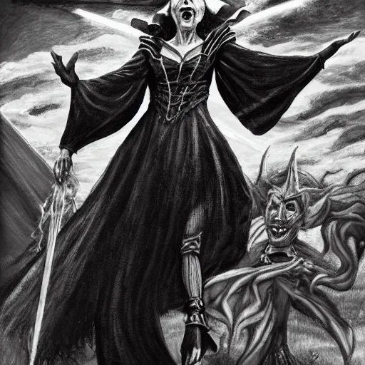 Prompt: epic fantasy painting of the wicked witch of the west summoning magical energy in order to shoot a huge fireball ; action pose, intense screaming expression, oz series, played by margaret hamilton, thatched worn rooftop background