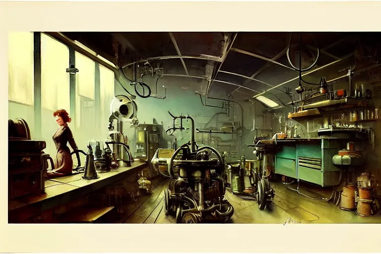 Prompt: ( ( ( ( ( 1 9 5 0 s retro science fiction mechanics shop interior scene. muted colors. ) ) ) ) ) by jean - baptiste monge!!!!!!!!!!!!!!!!!!!!!!!!!!!!!!