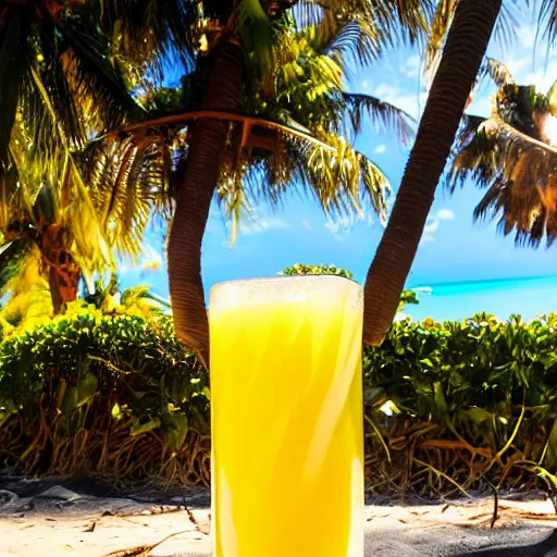 Image similar to pineapple juice chilling on the beach lying in a sun bed, realistic, hdr, clear image, hdd, dynamic lighting, rtx on,