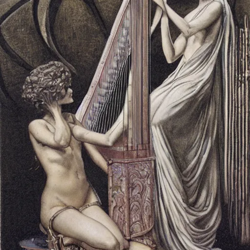 Prompt: sappho playing a broken harp by wayne barlowe and austin osman spare