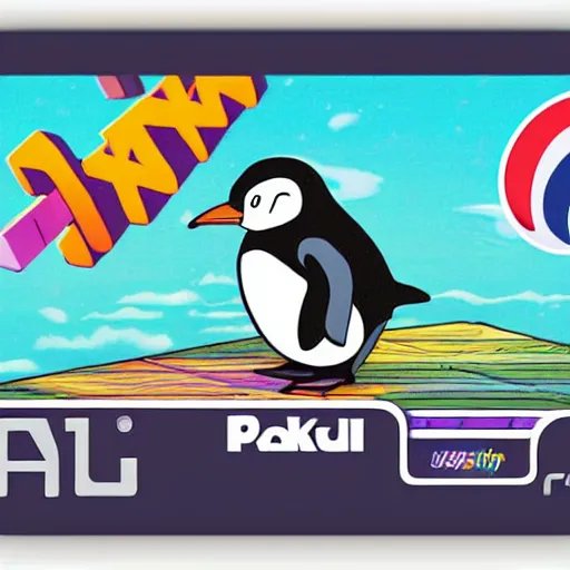 Image similar to fat penguin key art in a cartridge, rectangle sticker illustration, cartucho snes, super nintendo cartridge