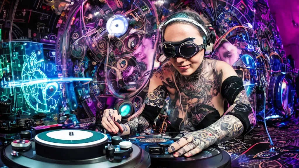 Image similar to a tattooed woman wearing goggles and visor and headphones using an intricate clockwork record player turntable contraption, robot arms, turntablism dj scratching, intricate planetary gears, cinematic, sharp focus, led light strips, bokeh, iridescent, black light, fog machine, hazy, computer screens, lasers, spotlights, light trails, hyper color photograph