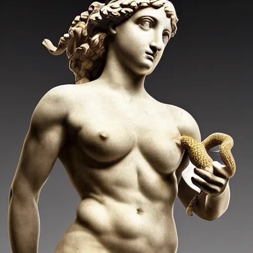 Prompt: greek or roman sculpture in marble of a female athlete holding a snake, in a museum background, hyperrealistic photograph in the style of bernini, golden hour