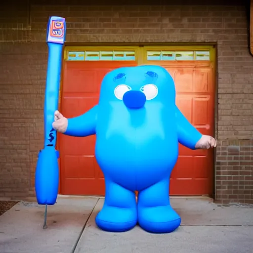 Image similar to big mean fat blue guy with an inflatable hammer