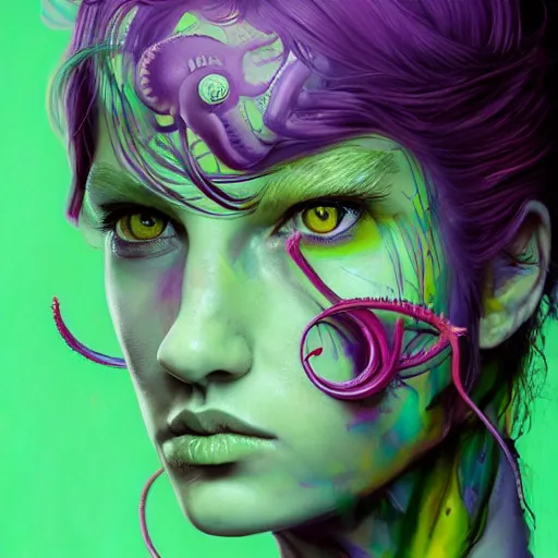Image similar to art portrait of a furious girl with purple tentacles on her head and bright green eyes, 8k,by tristan eaton, Stanley Artgermm,Tom Bagshaw,Greg Rutkowski,Carne Griffiths,trending on DeviantArt, face enhance,hyper detailed ,full of colour,