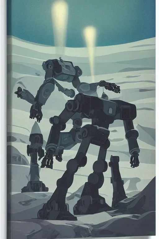 Image similar to giant mecha robot fight with giant сyclops with laser, arctic snow landscape and pillars by helen lundeberg