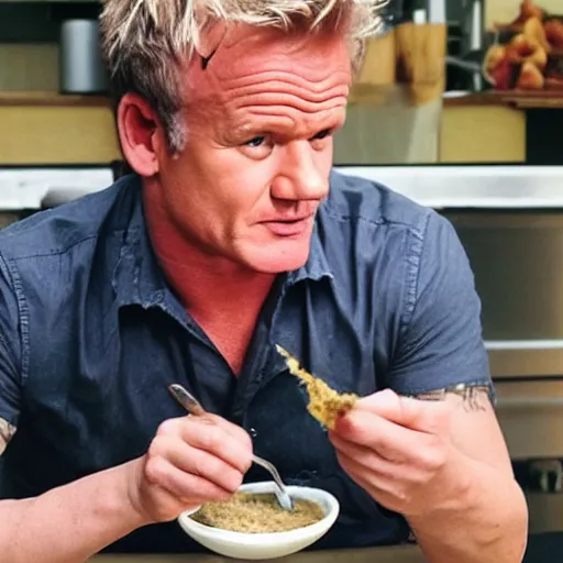 Image similar to Gordon Ramsey eating beans while children make fun of him