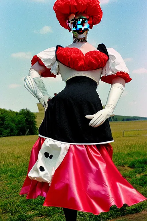 Prompt: Haute couture 1999 Dutch milkmaid costume with exposed midriff and prosthetic udders. Drag queen, campy. Cow Costume with Udders. Cloven Hoof High-Heeled Boots. Puff sleeves, ruched bodice. Ruffled skater skirt. Choker necklace with a large cow bell on it.