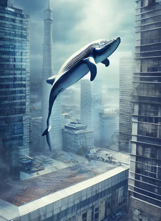 Image similar to whale flying over a building, wearing fashion clothing, id magazine, hyperrealism, detailed textures, photorealistic, 3 d city, ultra realistic, cinematic, intricate, cinematic light, unreal engine 8 k, octane render, unreal engine, david kostic, artgerm