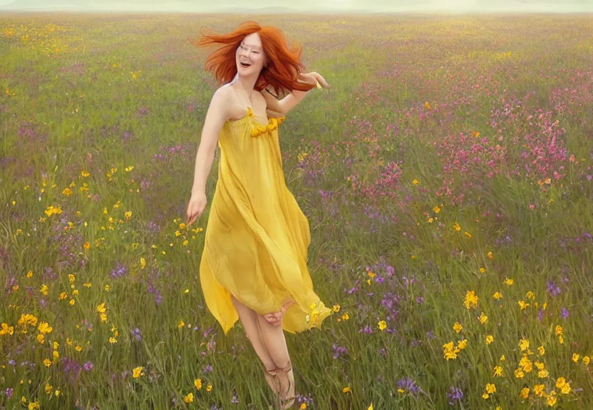 Prompt: a happy woman with copper hair and a flowing yellow sundress dancing in a field of wildflowers, with cute - fine - face, pretty face, realistic shaded perfect face, fine details by realistic shaded lighting poster by artstation, concept art, smooth, sharp focus, illustration, art by artgerm and greg rutkowski and alphonse mucha