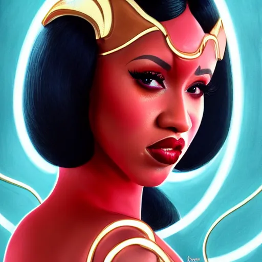 Image similar to cardi b and james bond as darna, wax figure, glowing eyes, volumetric lights, red and cyan theme, art nouveau botanicals, intricate, highly detailed, digital painting, artstation, concept art, smooth, sharp focus, cinematic, illustration, beautiful face, art by artgerm and greg rutkowski and alphonse mucha