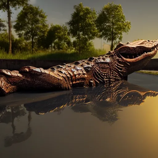 Prompt: melting crocodile, 3 d model, unreal engine, highly detailed, on a riverbank, hyperealistic, octane render, concept art, artstation, dusk lighting, realistic shadows