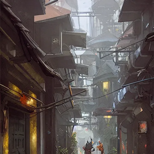 Image similar to an alley in singapore, art by greg rutkowski