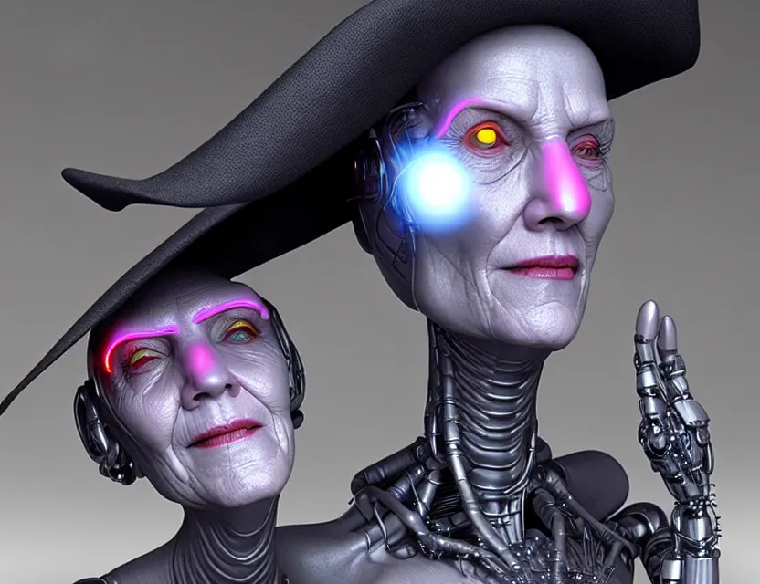 Prompt: cinematic bust portrait of robo - face granny cyborg body!, witch's hat on head, by jean giraud, trending artstaition, 3 d, unreal engine