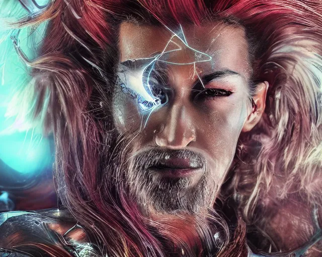 Image similar to glowing hair, complex cybernetic beings, beautiful hairy humanoids, cybermagnetosphere, cybernetic civilizations, ornate hair, love, joy, vortexes, large arrays, data holograms, 8 k, cinematic light shadows, wet hdr refractions, *, * * *, * * * * *