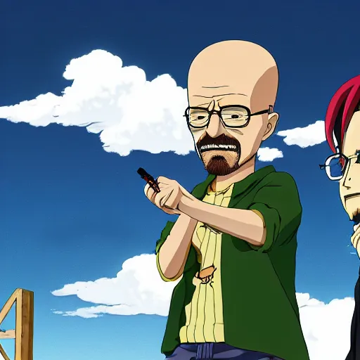 Image similar to walter white smoking a joint with jesse pinkman, in One Piece Anime Series, 4k Resolution.