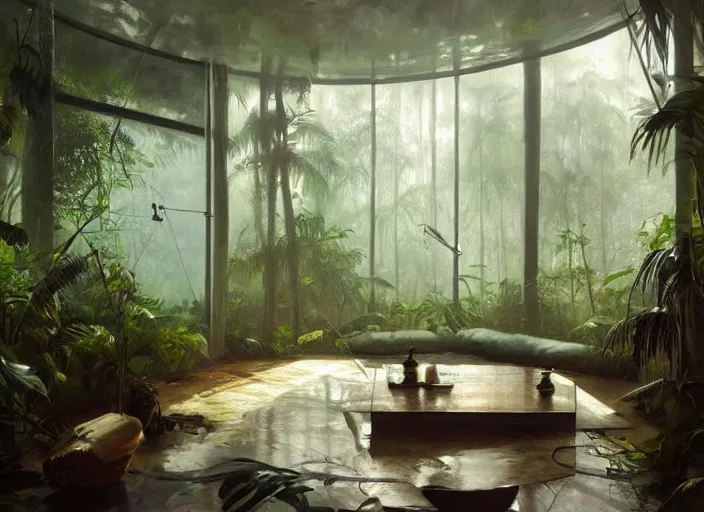 Image similar to a beautiful painting of the interior of a geodesic house in a moist tropical rainforest, living room, by greg rutkowski, realism, artstation, nature