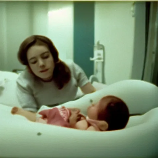 Prompt: woman who has given birth to a squishy inflatable baby, in hospital bed, French film, archival footage, technicolor film expired film, 16mm