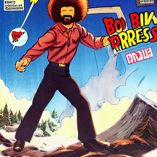 Image similar to Bob Ross as a comic book hero fighting off evil, happy, little trees, 4k, comic book cover