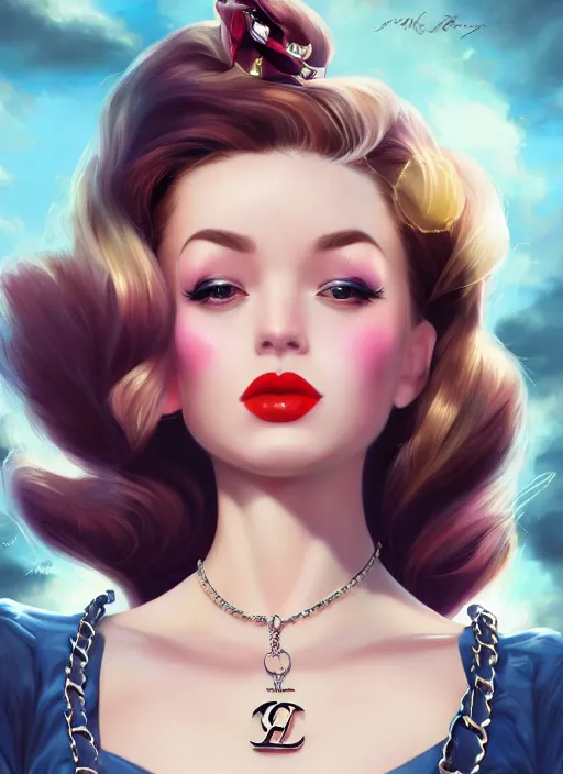 Image similar to a pin up and beautiful fashion dreamlke girl with lv jewelry, character art, art by artgerm, wlop, loish, hyperdetailed, 8 k realistic, symmetrical, global illumination, radiant light, frostbite 3 engine, cryengine, dof, trending on artstation, digital art, chanel, dior, detailed background