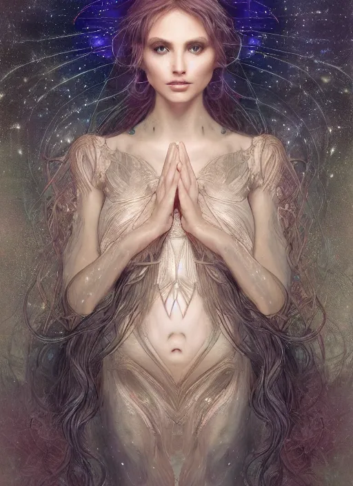 Image similar to a photographic portrait of a esoteric goddess created out of starlight and mist, cinematic, volumetric lighting, beautiful fantasy, intricate, elegant, highly detailed, digital painting, artstation, concept art, smooth, sharp focus, illustration, art by ayami kojima, artgerm and h r giger and alphonse mucha