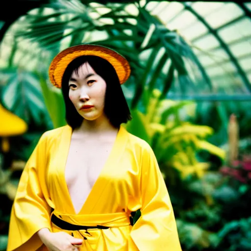 Image similar to Medium format photograph of an perfect woman wearing a yellow kimono in a tropical greenhouse, bokeh