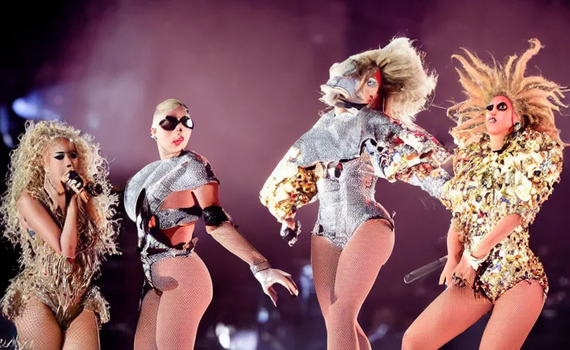 Prompt: IMG_975.raw, lady gaga and beyonce perform together on stage at a concert ,beautiful composition, alexander mcqueen, colourful , 50mm f1.8, ambient light