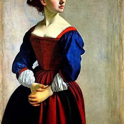 Prompt: fully clothed beautiful girl, she is wearing a blue dress, she has red hair, artemisia gentileschi