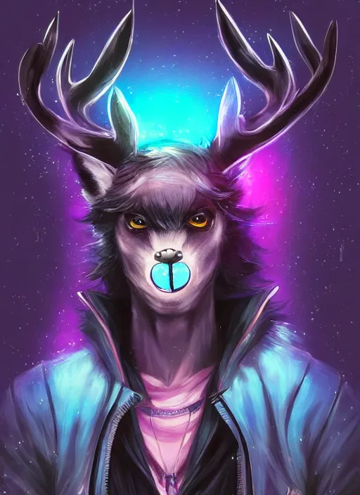 Image similar to award winning beautiful portrait commission of a male furry anthro Black Reindeer cyberpunk fursona with a tail, wings, wings, wings and a cute beautiful attractive detailed furry face wearing stylish black and rainbow galaxy clothes, outline, in a cyberpunk city at night while it rains. Character design by charlie bowater, ross tran, artgerm, and makoto shinkai, detailed, inked, western comic book art