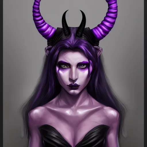 Prompt: a portrait of a tiefling with purple skin and black hair, symmetrical black horns stunning digital painting trending on artstation