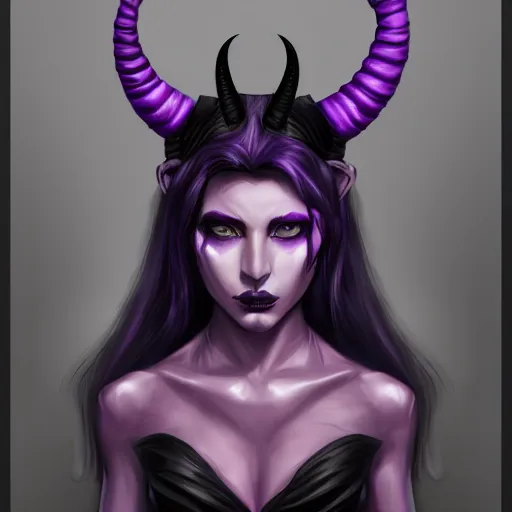 Image similar to a portrait of a tiefling with purple skin and black hair, symmetrical black horns stunning digital painting trending on artstation