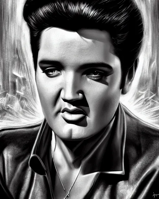 Image similar to a powerful energy elvis presley portrait, grainy black and white photo, by alexander fedosav, hyper detailed digital matte painting, concept art, hyperrealism, 1 6 k resolution, cinema 4 d, 8 k resolution, trending on artstation, behance hd, a masterpiece, by stephan martiniere, particles, by david a. hardy,